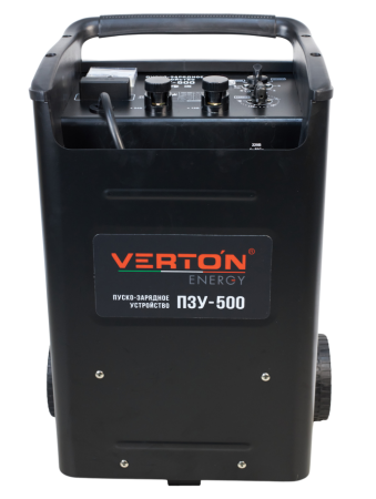 Пуско-зарядное устройство VERTON Energy ПЗУ- 500 (напр.сети 230/50 В/Гц,напр. АКБ 12/24В,емкость зар. АКБ (мин/макс)20-800 Ач,ток зар/зап. 75A/500А,WET/AGM,12В потр.мощн.3,0/6,0кВт,6 реж. зар,IP20)