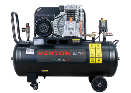 Компрессор ременной Verton Air AC-100/420R (230/50 В/Гц,масл.ремен. произв. 420л/мин, V 100л, макс. дав.12 бар, мощн. 2,5кВт, част. вращ. двиг. 2800 об/мин,итальянский тип компрессорного блока,рапид, асинх. однофаз.)