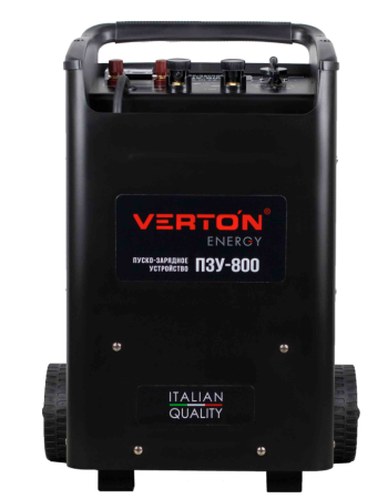 Пуско-зарядное устройство VERTON Energy ПЗУ- 800 (напр.сети 230/50 В/Гц,напр.АКБ 12/24В,емкость зар. АКБ (мин/макс)20-1300 Ач,макс. ток зар/зап. 100A/800А,WET/AGM,12В потр.мощн.6,0/12 кВт,6 реж. зар,IP20)
