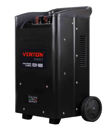 Пуско-зарядное устройство VERTON Energy ПЗУ- 800 (напр.сети 230/50 В/Гц,напр.АКБ 12/24В,емкость зар. АКБ (мин/макс)20-1300 Ач,макс. ток зар/зап. 100A/800А,WET/AGM,12В потр.мощн.6,0/12 кВт,6 реж. зар,IP20)