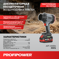 Аккумуляторная бесщеточная воздуходувка E0334 PROFIPOWER "Ураган" PLUS P972 