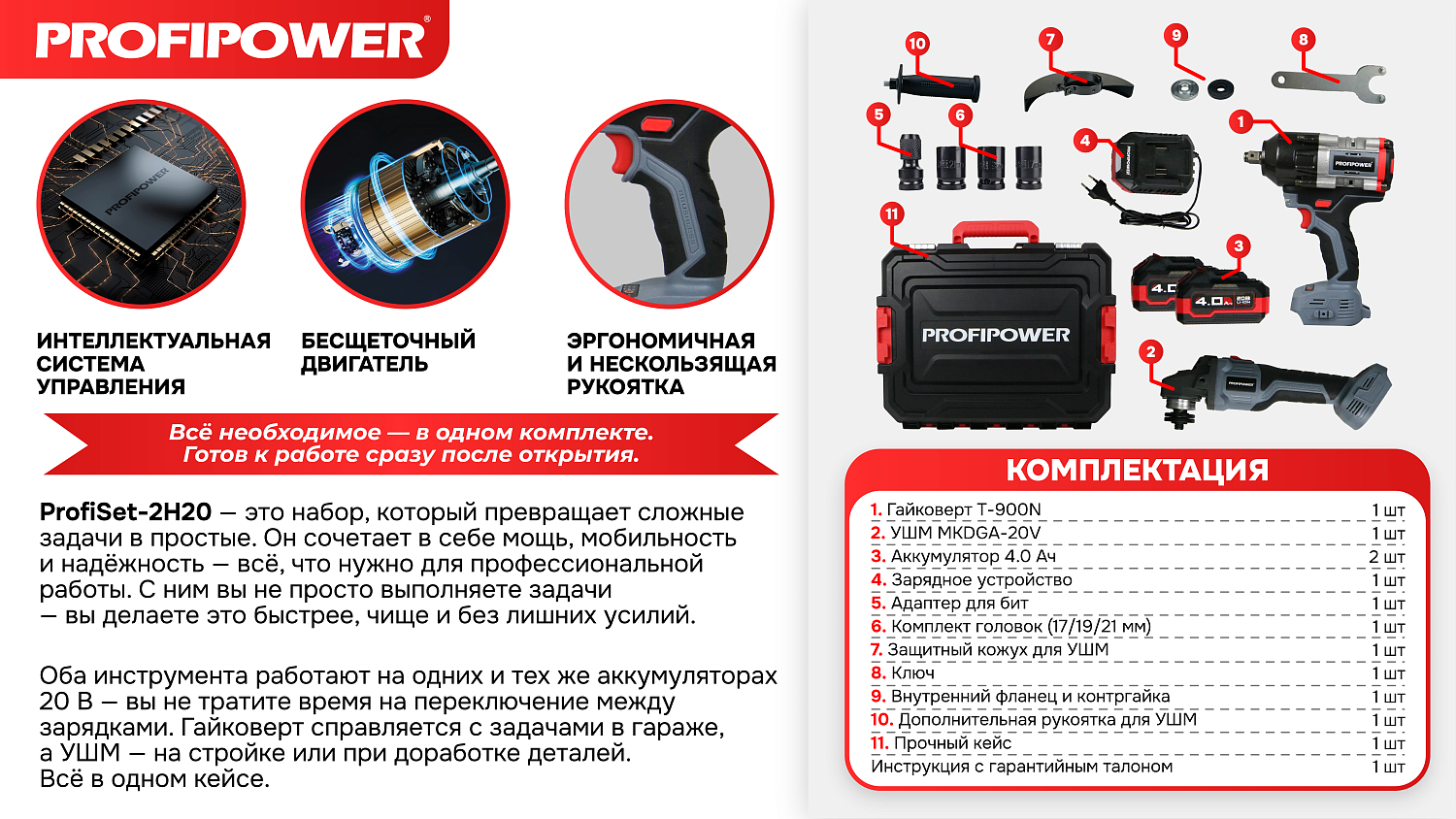 Аккумуляторный бесщеточный E0286 НАБОР 2в1 PROFIPOWER ProfiSet-2H20