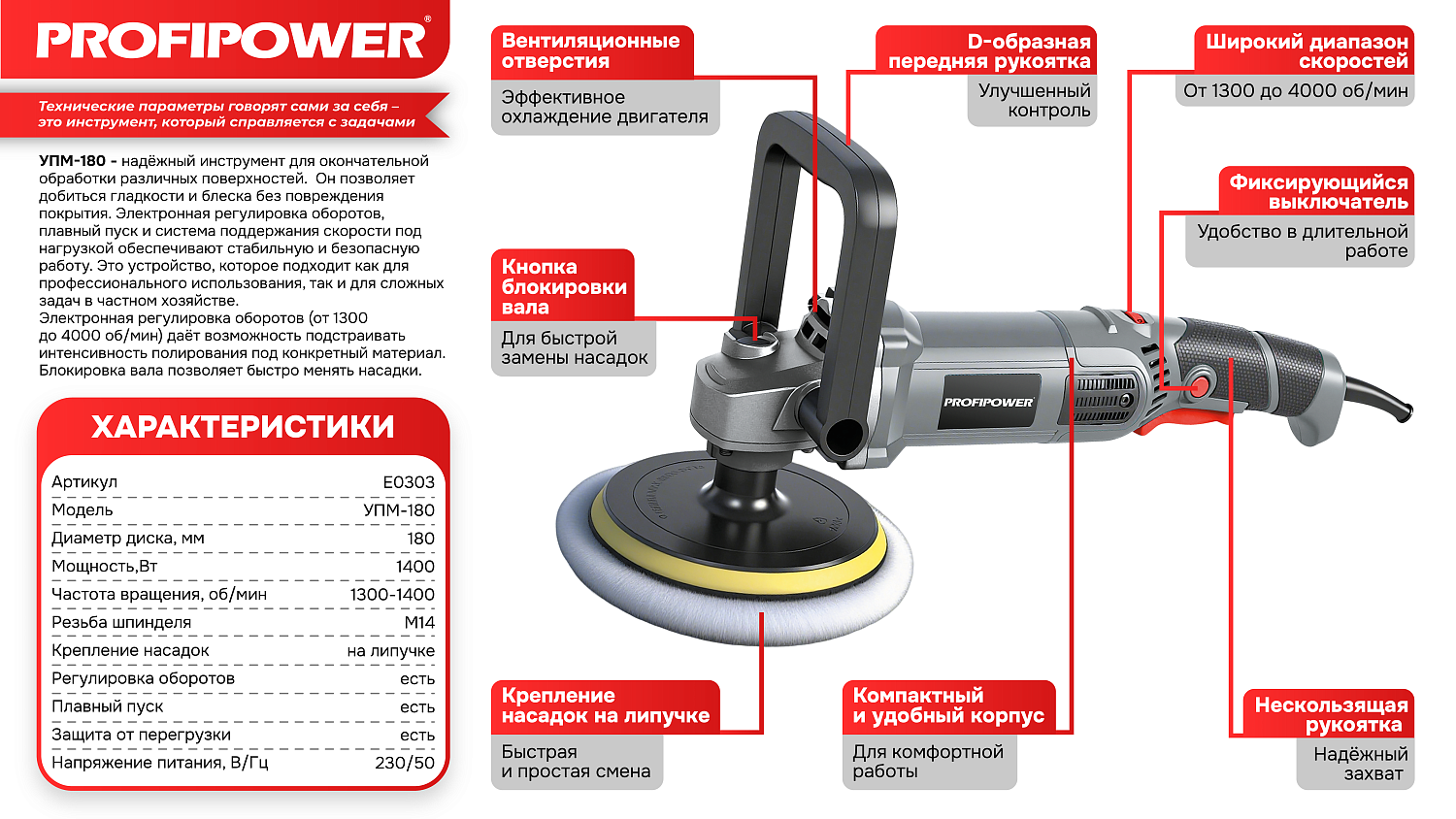 Полировальная шлифмашина E0303 PROFIPOWER УПМ-180
