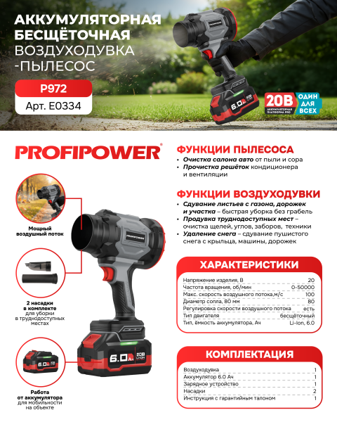 Аккумуляторная бесщеточная воздуходувка E0334 PROFIPOWER "Ураган" PLUS P972 