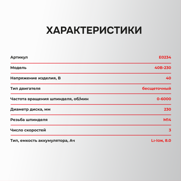Аккумуляторная бесщеточная УШМ E0234 PROFIPOWER Серия 40B 40B-230