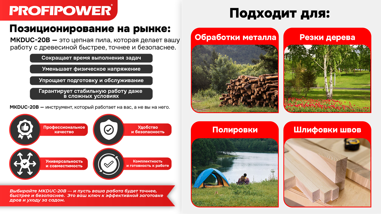 Аккумуляторная цепная пила бесщеточная E0114 PROFIPOWER MKDUC-20V