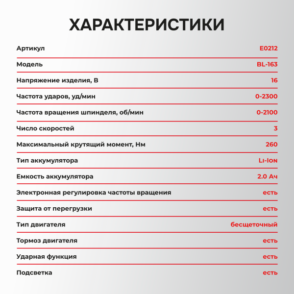 Аккумуляторный бесщеточный ударный гайковерт E0212 PROFIPOWER BL-163