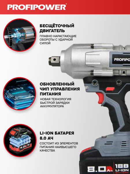 Аккумуляторный гайковерт бесщеточный ударный E0187 PROFIPOWER T-2000N