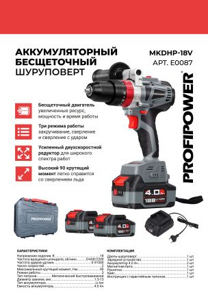 Аккумуляторный шуруповерт бесщеточный ударный E0087 PROFIPOWER MKDHP-18V