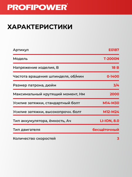 Аккумуляторный гайковерт бесщеточный ударный E0187 PROFIPOWER T-2000N